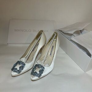 Manolo Blahnik Hangisi Ivory Heels with Blue Embellishments